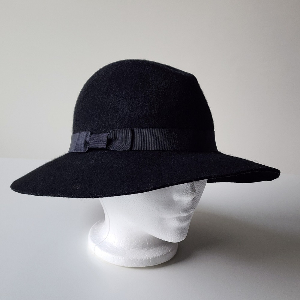 Wool Felted Floppy Hat Womens Medium Black Ribbon Bow Fedora Wide Brim Witchy
